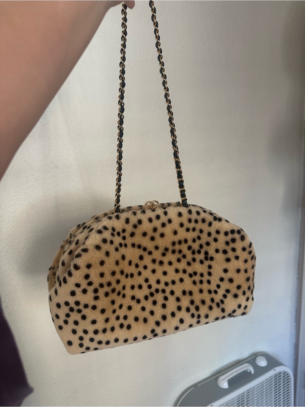 & Other Stories Beige Faux Fur Clutch with Black Spots
